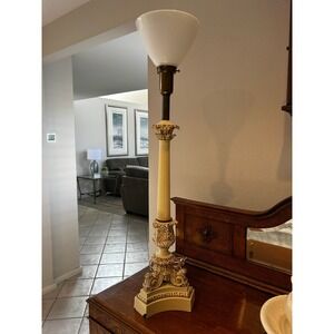 Vintage Ornate Column Table Lamp White Glass Shade Gold Accents